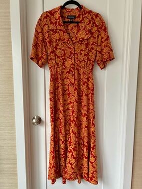 Vintage Gillian 100% Silk Damask Midi Dress